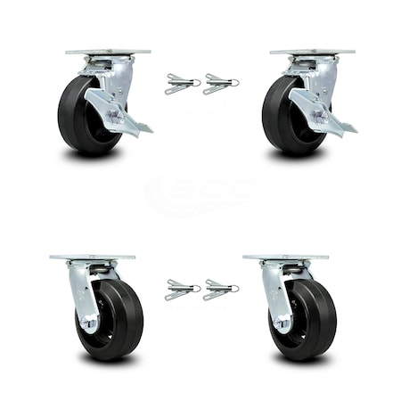 Service Caster 5 Inch Rubber on Steel Caster Set with Roller Bearings 4 Swivel Lock 2 Brake SCC SCC-30CS520-RSR-TLB-BSL-2-BSL-2